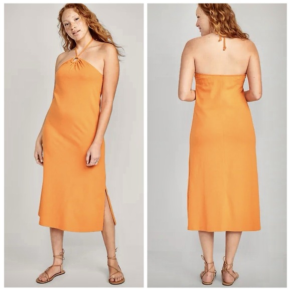 Old Navy Dresses & Skirts - NEW Old Navy Slub Knit Midi Halter Dress Size S Wild Papaya Orange Boho Tropical